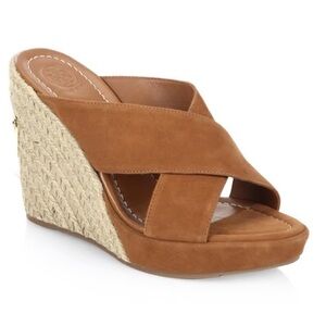 Tory Burch Cognac Suede Espadrille Wedge Sandals 6.5